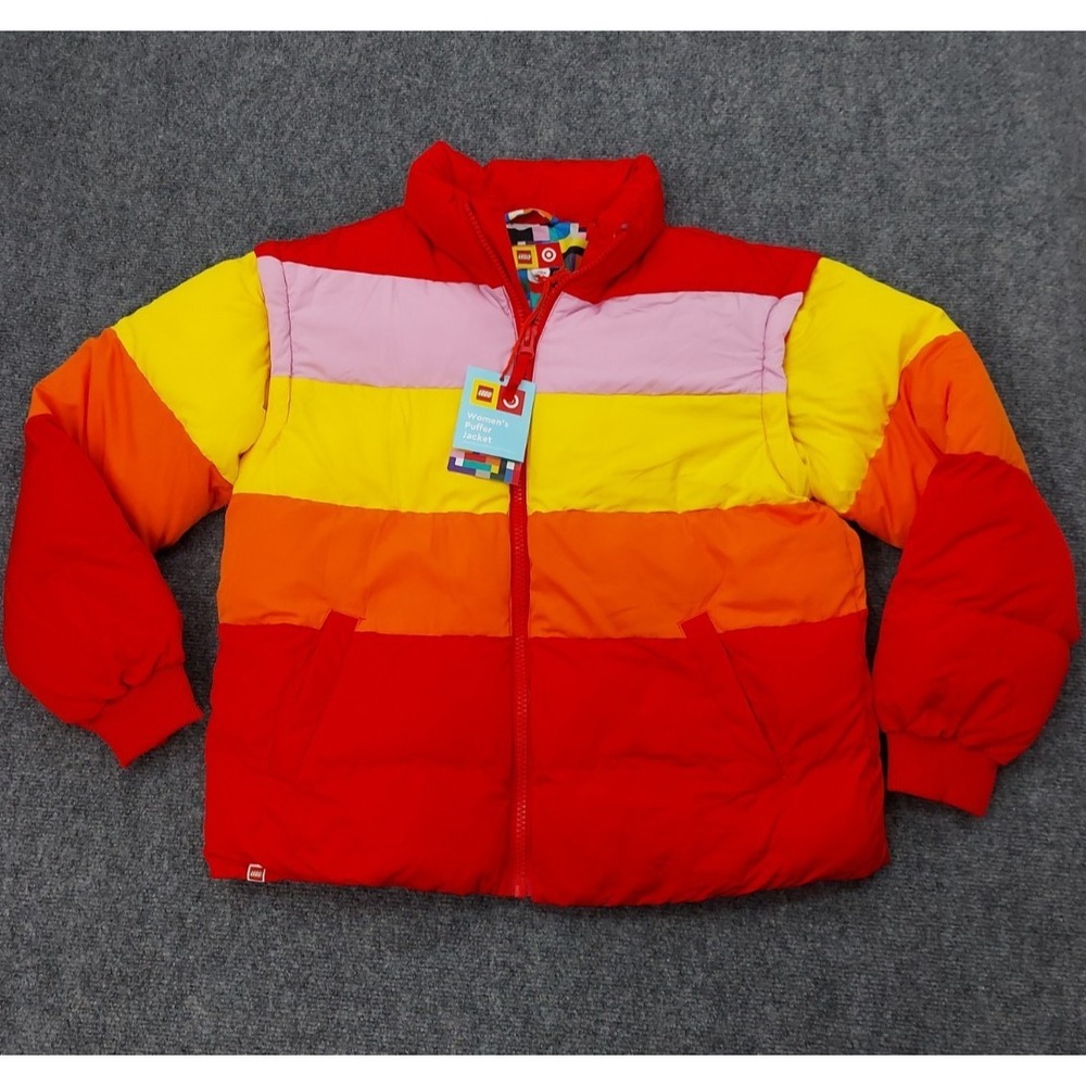 LEGO Puffer Jacket Vest Womens Small Red Colorblock Full Zip Off Sleeves
